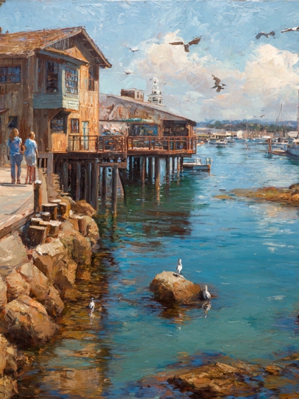 Seaside Pier Harbor Art Print - Blue & Brown